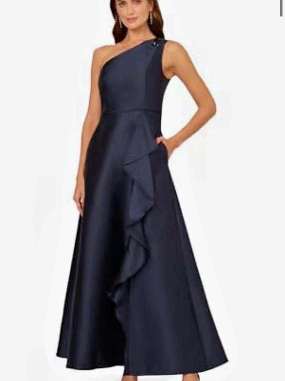 Papell Studio Macy’s Navy Blue Ruffle One-Shoulder Satin Gown size 4 NWT